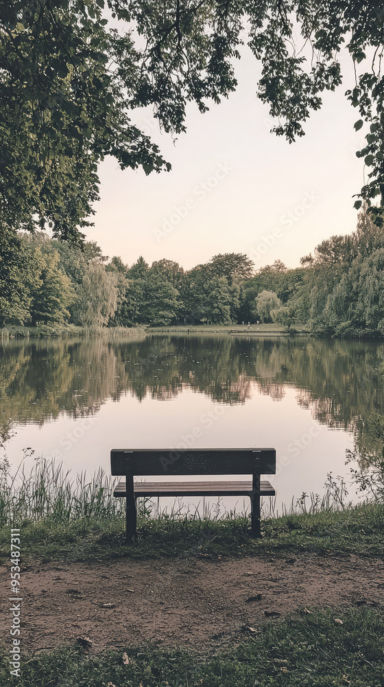 A solitary bench overlooking a tranquil lake, surrounded by lush greenery, invites contemplation and serenity. A solitary bench overlooking a tranquil lake, surrounded by lush greenery, invites contemplation and serenity.