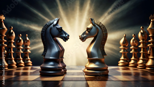 A striking 3D illustration of two opposing chess knights locked in a face-off on a chessboard, embodying intense competition and strategic rivalry in the game.