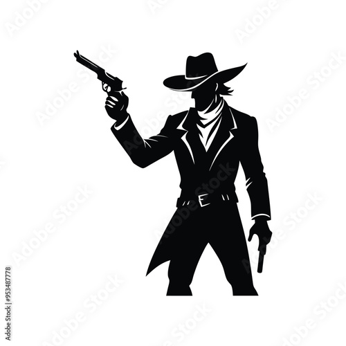 Western gunslinger silhouette in long duster coat with dual pistols and dramatic high contrast pose