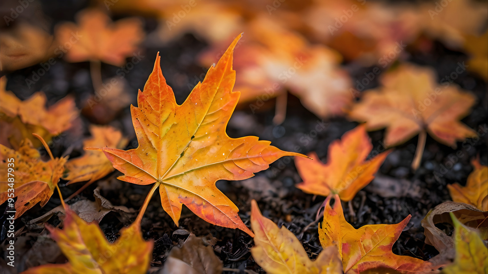 A close-up of vivid orange maple leaves on the ground, highlighted by rich textures and autumnal colors. The soft bokeh background adds depth and serenity, capturing the peaceful essence of fall with A close-up of vivid orange maple leaves on the ground, highlighted by rich textures and autumnal colors. The soft bokeh background adds depth and serenity, capturing the peaceful essence of fall with