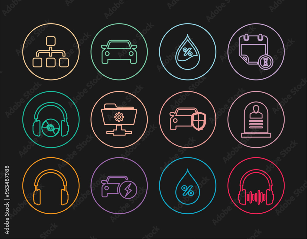 Set line Headphone and sound waves, Tombstone with RIP written, Water drop percentage, FTP settings folder, Headphones CD or DVD, Hierarchy organogram chart, Car protection insurance and icon. Vector Set line Headphone and sound waves, Tombstone with RIP written, Water drop percentage, FTP settings folder, Headphones CD or DVD, Hierarchy organogram chart, Car protection insurance and icon. Vector