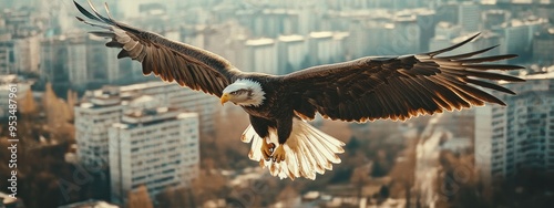 A powerful bald eagle flies high over a sprawling city skyline, its wings fully extended against a hazy sky, symbolizing freedom.. photo