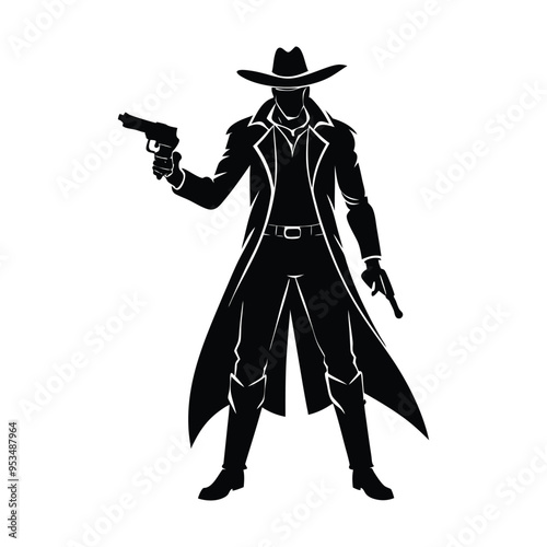 Western gunslinger silhouette in long duster coat with dual pistols and dramatic high contrast pose