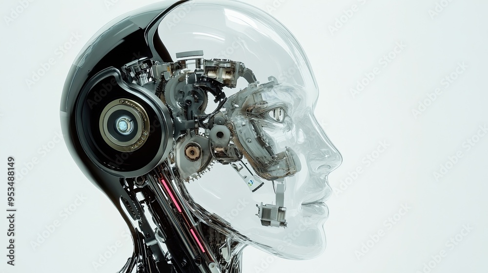 AI Robot Head with Transparent Layers Showing Internal Mechanisms and Sensors AI Robot Head with Transparent Layers Showing Internal Mechanisms and Sensors