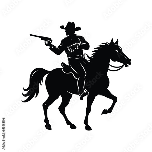 Cowboy silhouette on galloping horse in dynamic black and white western action scene