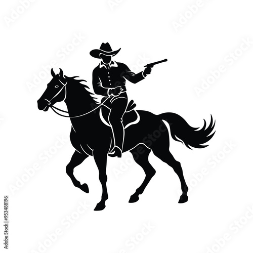 Cowboy silhouette on galloping horse in dynamic black and white western action scene