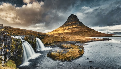 Scenic image of Icelands. Incredible Nature scenery during sunset. Great view on famous Mount Kirkland with Colorful, dramatic sky. popular plase for photographers. Best famous travel location.