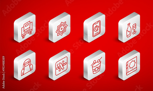 Set line Holy book of Koran, Octagonal star, Star and crescent, Wine bottle with glass, Ramadan drum, No Smoking and Muslim woman niqab icon. Vector