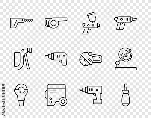 Set line Angle grinder, Screwdriver, Paint spray gun, Power electric generator, Reciprocating saw, Electric cordless screwdriver, and Table for woodwork icon. Vector