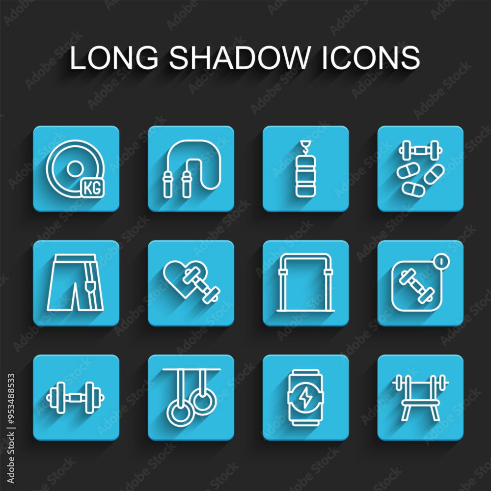Set line Dumbbell, Gymnastic rings, Weight plate, Energy drink, Bench with barbell, heart, Fitness app and Sport horizontal icon. Vector Set line Dumbbell, Gymnastic rings, Weight plate, Energy drink, Bench with barbell, heart, Fitness app and Sport horizontal icon. Vector