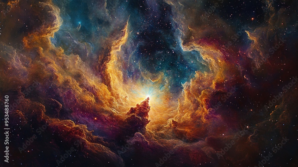 Obraz premium Stellar Birth: A Cosmic Tapestry of Gas and Dust in an Oil Painting, Embracing the Warmth and Energy of Newborn Stars