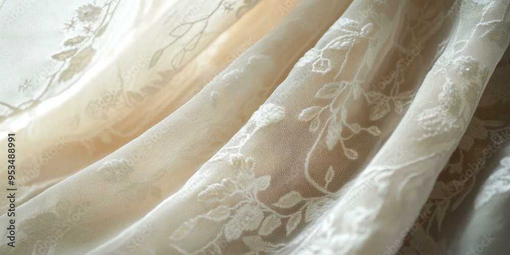 Delicate white lace fabric with floral embroidery. Delicate white lace fabric with floral embroidery.