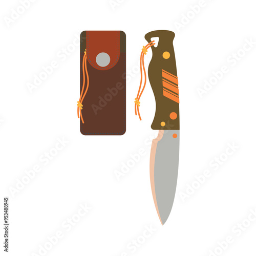 Camping folding knife and matching leather sheath isolated on a white background, camping gear vector illustration