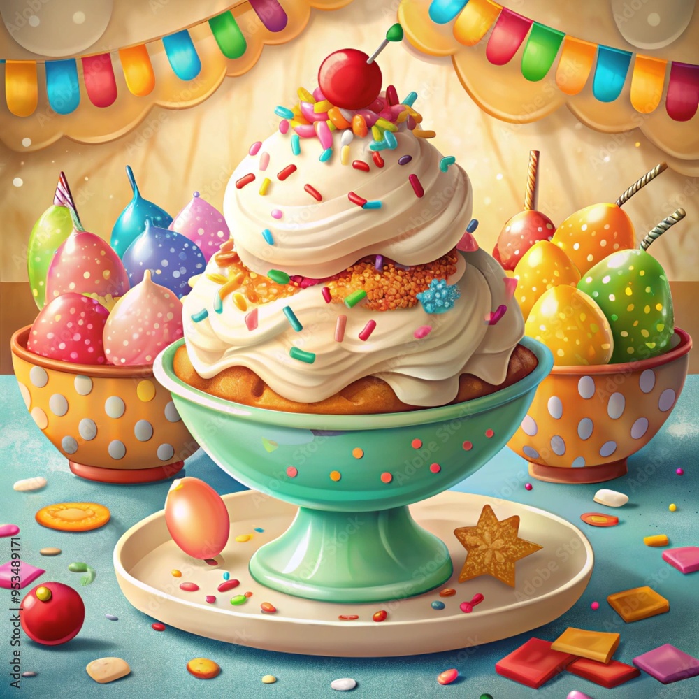 Birthday cake ice cream. Bowl portion of birthday cake taste white vanilla ice cream with colorful sugar sprinkles, confetti with happy birthday decorations on the table, copy space
