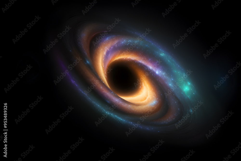 A stunning visual of a black hole surrounded by vibrant energy, colorful gas clouds, and glowing light, depicting the wonders of space and celestial phenomena.
