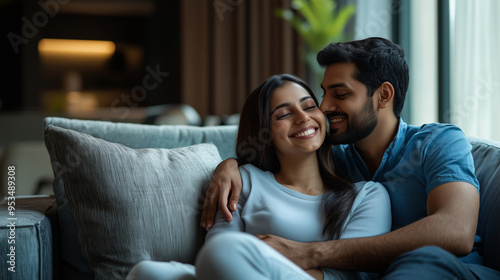 A joyful Indian man and woman sitting on a sofa, embracing each other, modern home, happy couple, warm and inviting atmosphere, love and companionship, with copy space