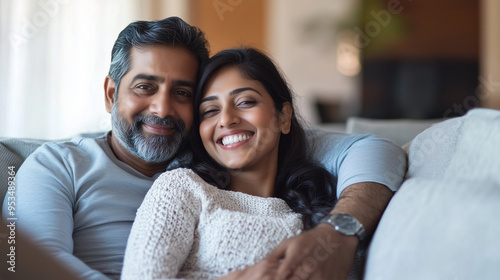 Indian man and woman enjoying a moment together on the sofa, bright smiles, modern living room, cozy and comfortable, love and companionship, with room for text