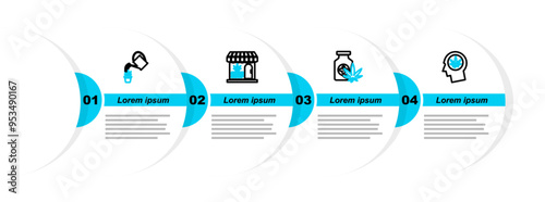 Set line Head in profile with marijuana, Medical bottle, Marijuana and cannabis store and Watering icon. Vector