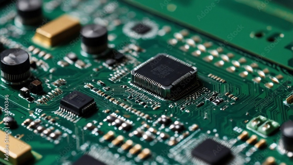 A detailed circuit chip against a green board, showcasing precision engineering in computer components. A detailed circuit chip against a green board, showcasing precision engineering in computer components.