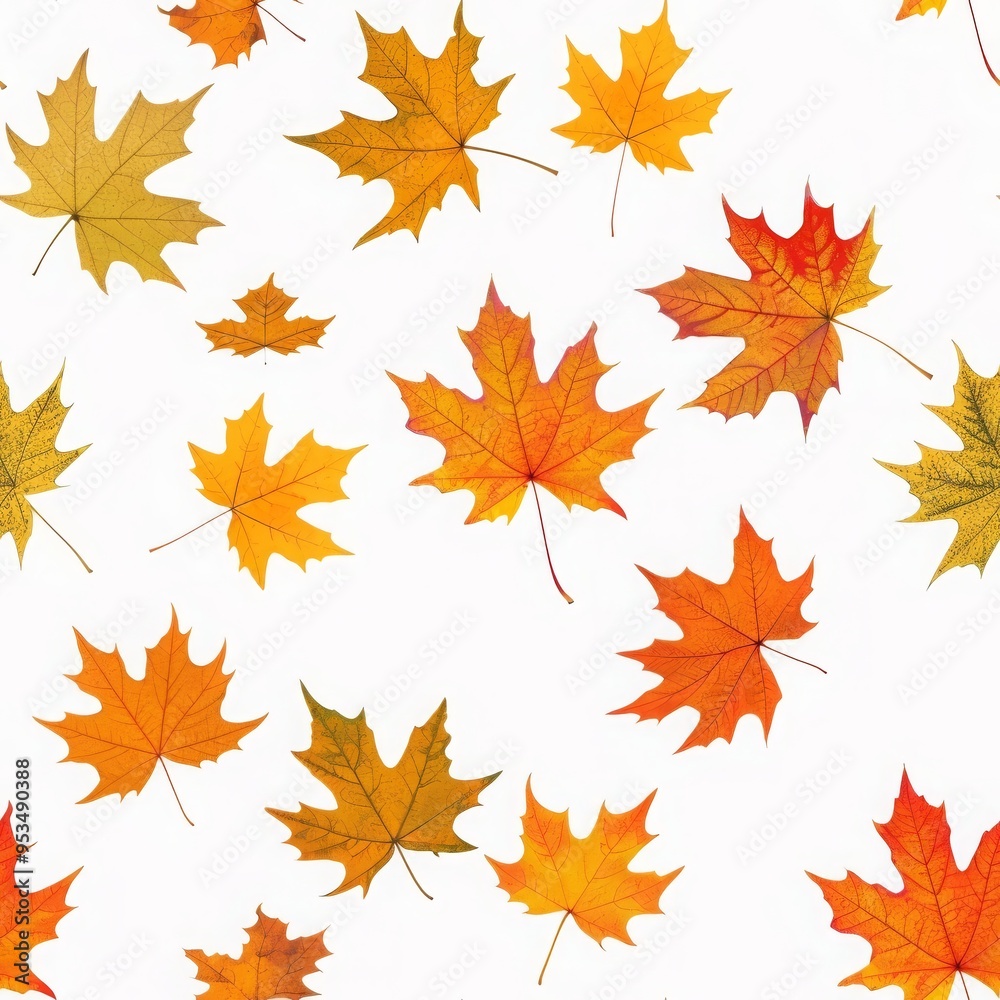 Seamless pattern with colourful autumn oak, maple leaves on white background. Perfect for wallpaper, gift paper, pattern fills, web page background, autumn greeting cards, autumn background