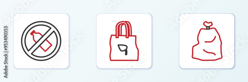Set line Garbage bag, No plastic bottle and Shopping with recycle icon. Vector