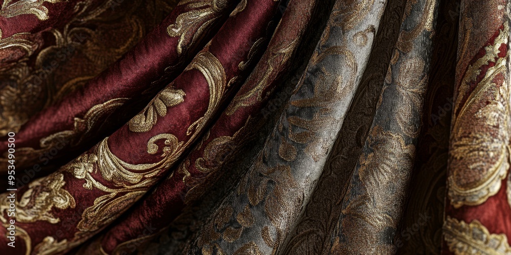 Close-up of patterned, red and brown fabric. Close-up of patterned, red and brown fabric.