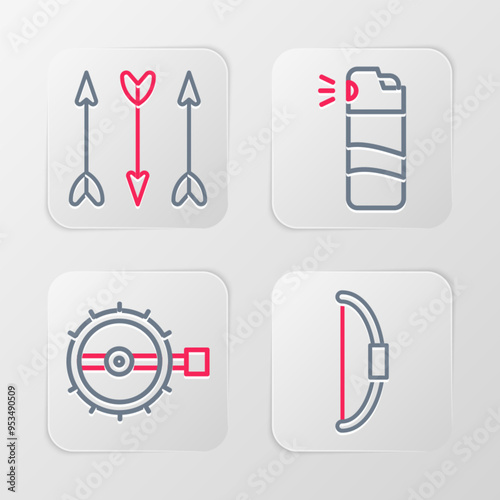 Set line Bow, Trap hunting, Pepper spray and Hipster arrows icon. Vector