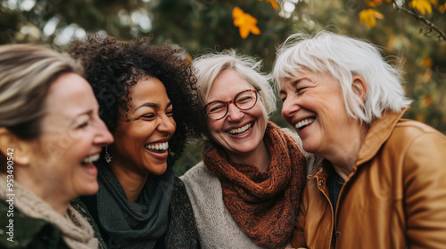 Group of friends of varying ages and body types, laughing together, no retouching, celebrating diversity, natural setting, authentic connection
