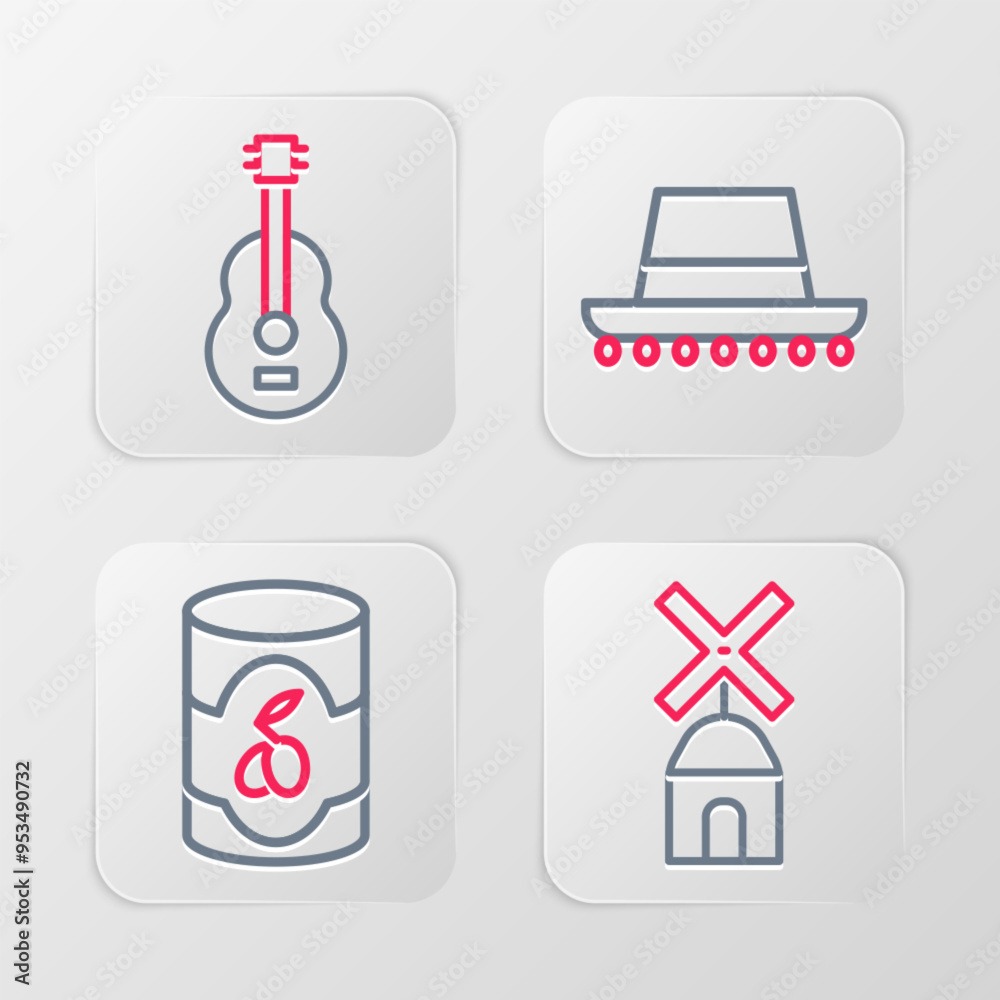 Set line Windmill, Olives can, Spanish hat and guitar icon. Vector Set line Windmill, Olives can, Spanish hat and guitar icon. Vector