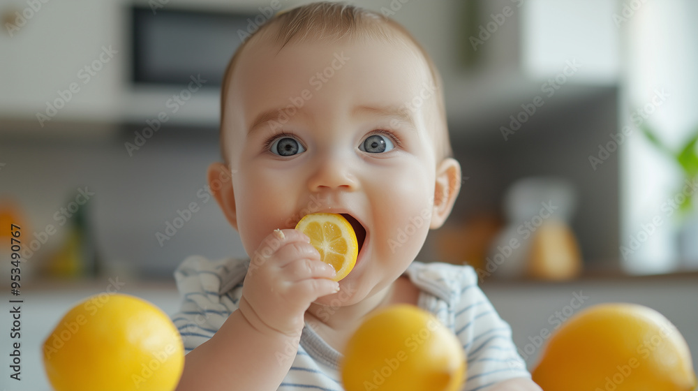A baby experiencing its first taste of lemon, surprised expression, bright kitchen setting, candid and playful moment A baby experiencing its first taste of lemon, surprised expression, bright kitchen setting, candid and playful moment