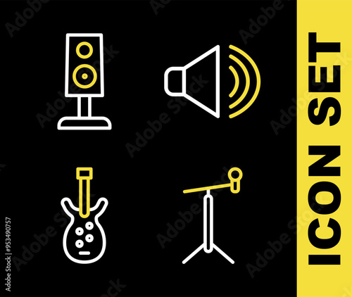 Set line Speaker volume, Microphone with stand, Electric bass guitar and Stereo speaker icon. Vector