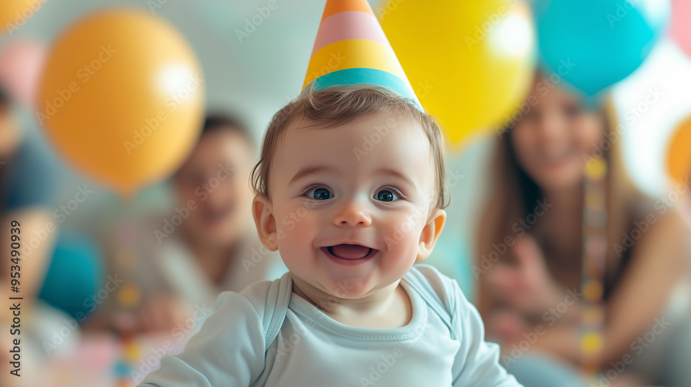 A baby celebrating its first birthday, surrounded by family, colorful decorations, joyful and festive atmosphere, milestone celebration A baby celebrating its first birthday, surrounded by family, colorful decorations, joyful and festive atmosphere, milestone celebration