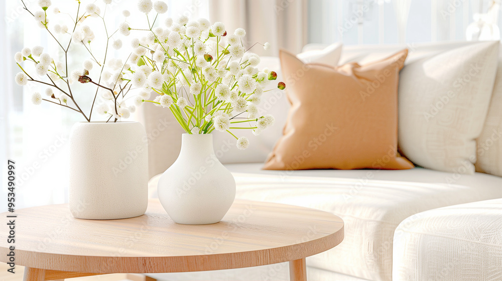 Vase with flowers on a wooden table in stylish home decor bright living room atmosphere Vase with flowers on a wooden table in stylish home decor bright living room atmosphere