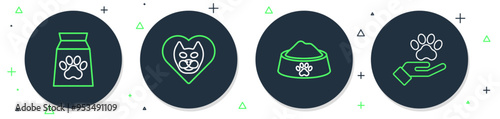 Set line Heart with cat, Pet food bowl, Bag of for pet and Hands animals footprint icon. Vector