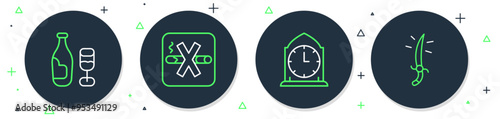 Set line No Smoking, Clock, Wine bottle with glass and Arabian saber icon. Vector