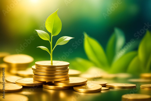 A small plant sprouts from a stack of gold coins, symbolizing financial growth, investment, and sustainability. The blurred green background enhances the natural and economic themes. photo