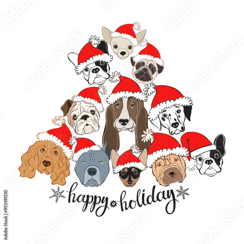 Art Christmas background with hand drawn cartoon dogs of different breeds in New Year's hats and hand holiday wish on white background. Vector layout decorative greeting card or invitation design back