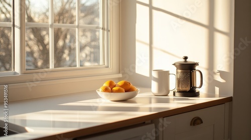 Wallpaper Mural A minimalist kitchen counter bathed in sunlight, featuring a coffee maker, a white mug, and a bowl of oranges near a window.. Torontodigital.ca