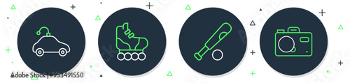 Set line Roller skate, Baseball bat with ball, Radio controlled car toy and Photo camera icon. Vector