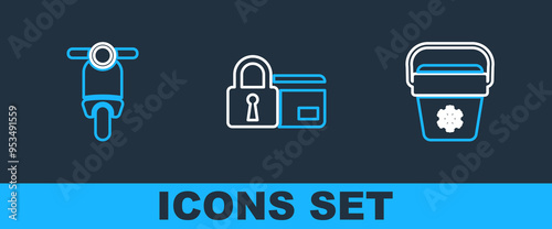 Set line Cooler bag, Scooter and Credit card with lock icon. Vector