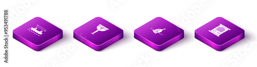 Set Isometric Boat with oars, Wooden pirate leg, Bottle message in water and Decree, parchment, scroll icon. Vector