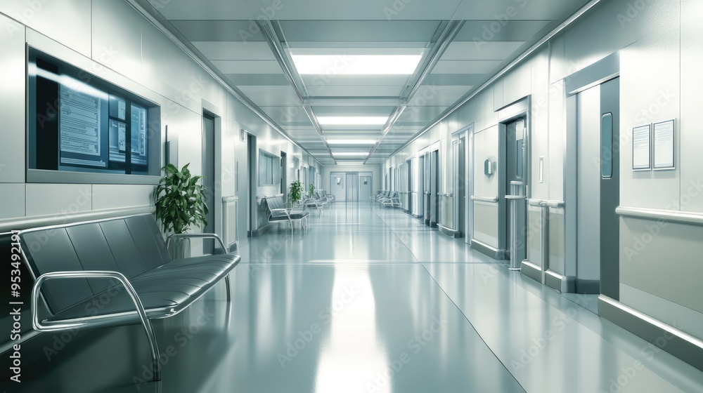 A clean, empty hospital corridor with bright lighting, white walls, and chairs along the side, representing a modern healthcare facility.. A clean, empty hospital corridor with bright lighting, white walls, and chairs along the side, representing a modern healthcare facility..
