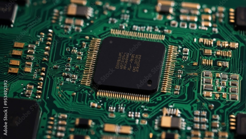 A detailed circuit chip shown against a green board, highlighting its precision in computer technology. A detailed circuit chip shown against a green board, highlighting its precision in computer technology.