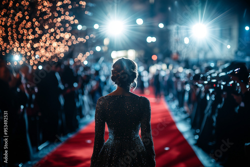 model walking on red carpet A glamorous shot of a celebrity attending a high-profile event, with red carpet arrivals and flashbulbs capturing the excitement of the moment