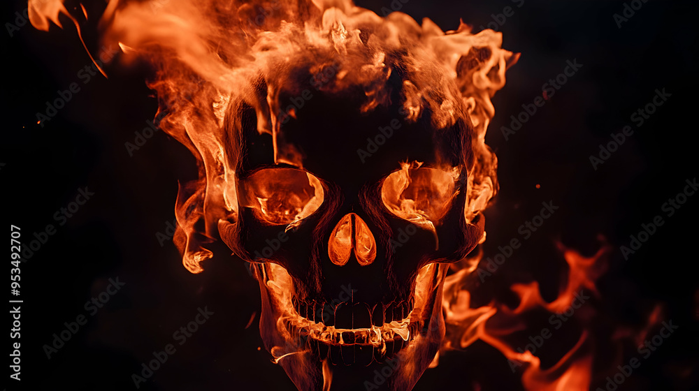 A skull engulfed in realistic, dynamic flames, set against a completely black background A skull engulfed in realistic, dynamic flames, set against a completely black background