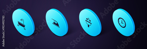 Set Isometric Clock, Washbasin, Electric iron and Bathtub icon. Vector