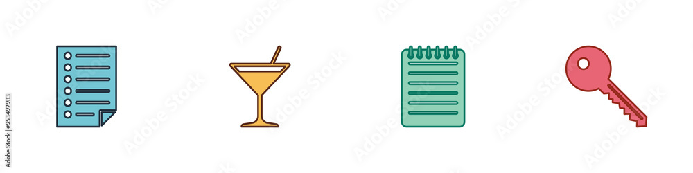 Set Document, Martini glass, Notebook and Key icon. Vector Set Document, Martini glass, Notebook and Key icon. Vector