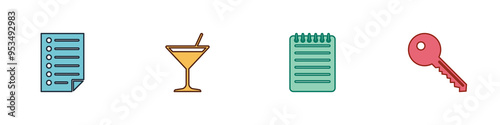 Set Document, Martini glass, Notebook and Key icon. Vector