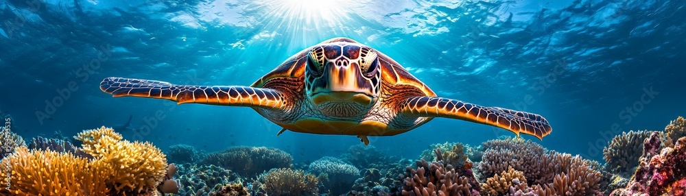 Sea Turtle Gliding Over Vibrant Coral Reef Sea Turtle Gliding Over Vibrant Coral Reef