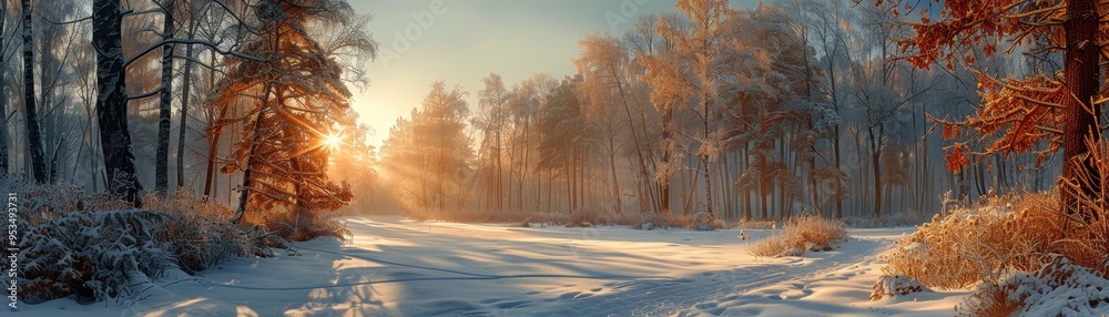 A serene winter landscape with snow-covered trees and the warm glow of the sun rising over a tranquil path. A serene winter landscape with snow-covered trees and the warm glow of the sun rising over a tranquil path.